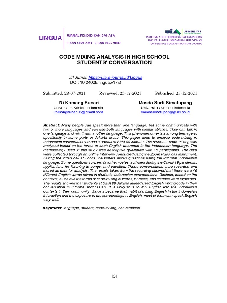 Code Mixing in SMA 99 Jakarta Students | PDF | Communication ...
