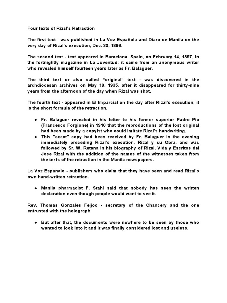 Four Texts of Rizal's Retraction | PDF