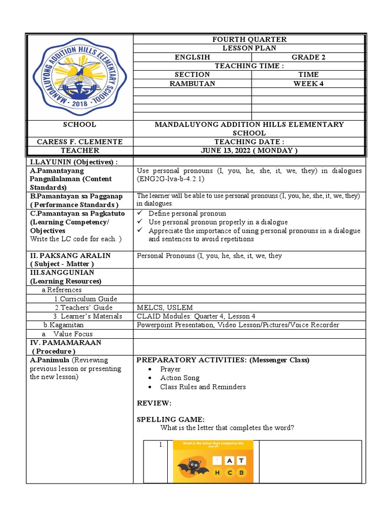 COT 2 CLEMENTE LESSON PLAN 4th QUARTER WEEK 4 | PDF | Grammatical ...