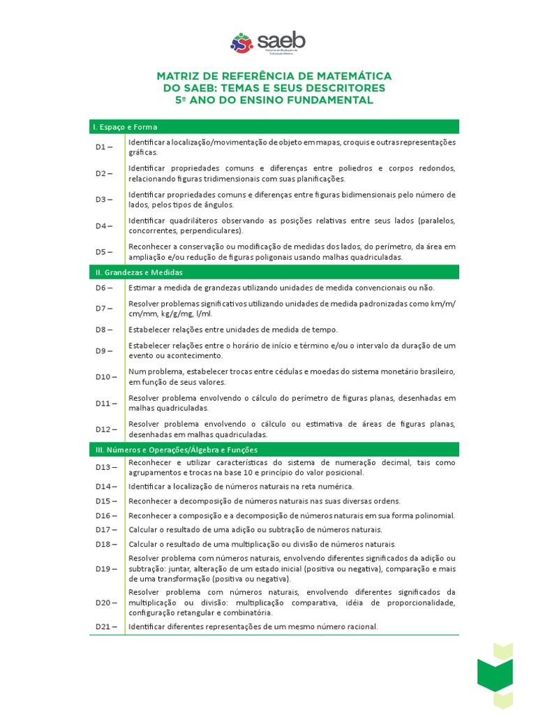 Matriz de Referencia de Matematica - Saeb | PDF | Equações | Número ...
