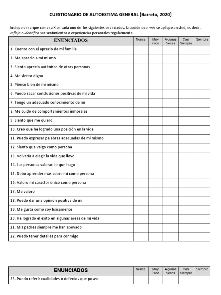 Cuestionario de Autoestima General | PDF | Autoestima | Sicología