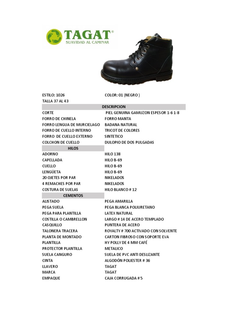 Ficha Tecnica Canguro Negra Bota de Cubo Estilo 1026 Lengua Murcielago