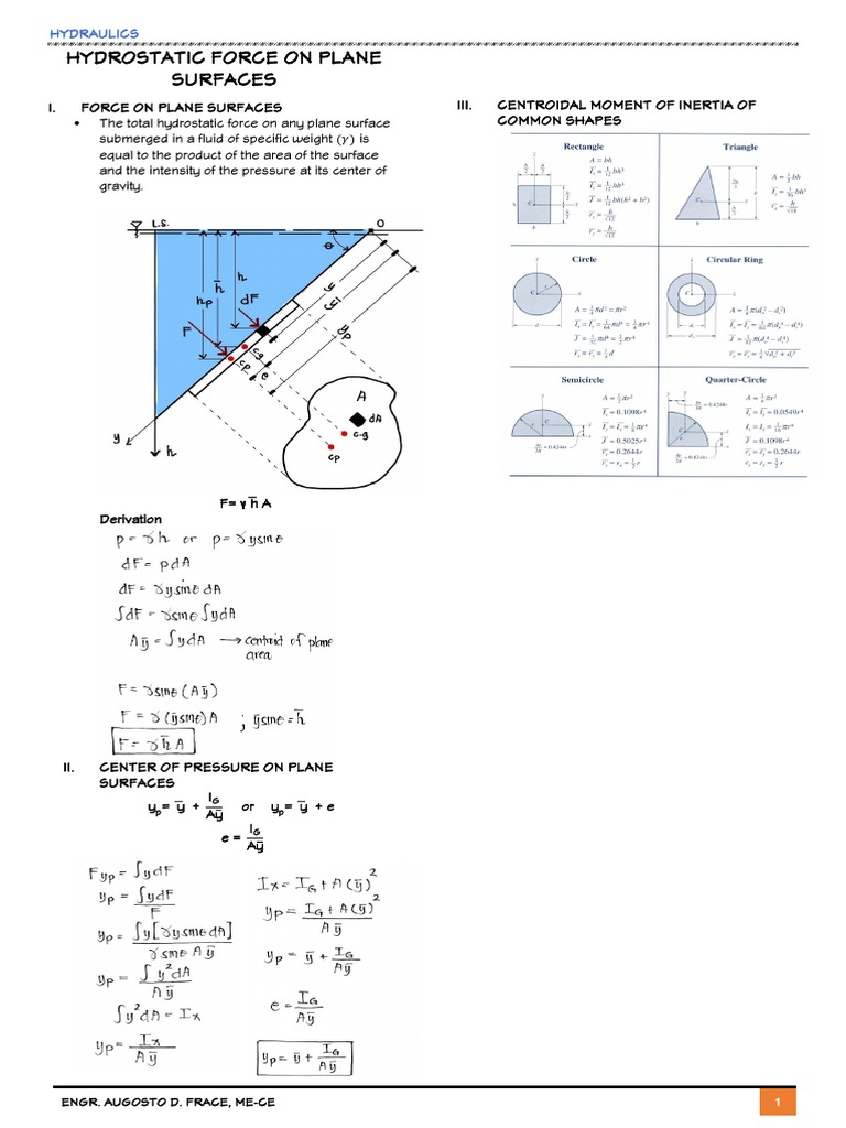 Hydraulics Lecture Notes 2 - Hydrostatic Force On Plane Surfaces | PDF ...