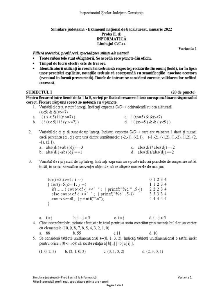 CT Varianta 1 Subiect E D Informatica SN Simularejudeteana Ian2022 | PDF