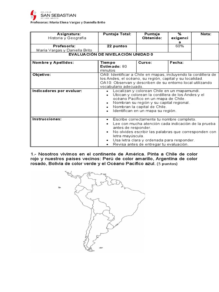 Prueba de Historia y Geografía 2° Básico | PDF | Chile | Color
