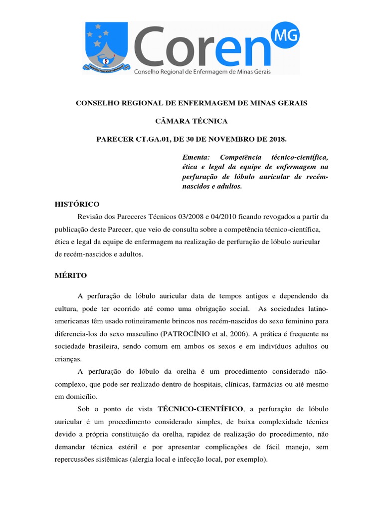 Parecer Coren MG | Download grátis PDF | Enfermagem | Orelha
