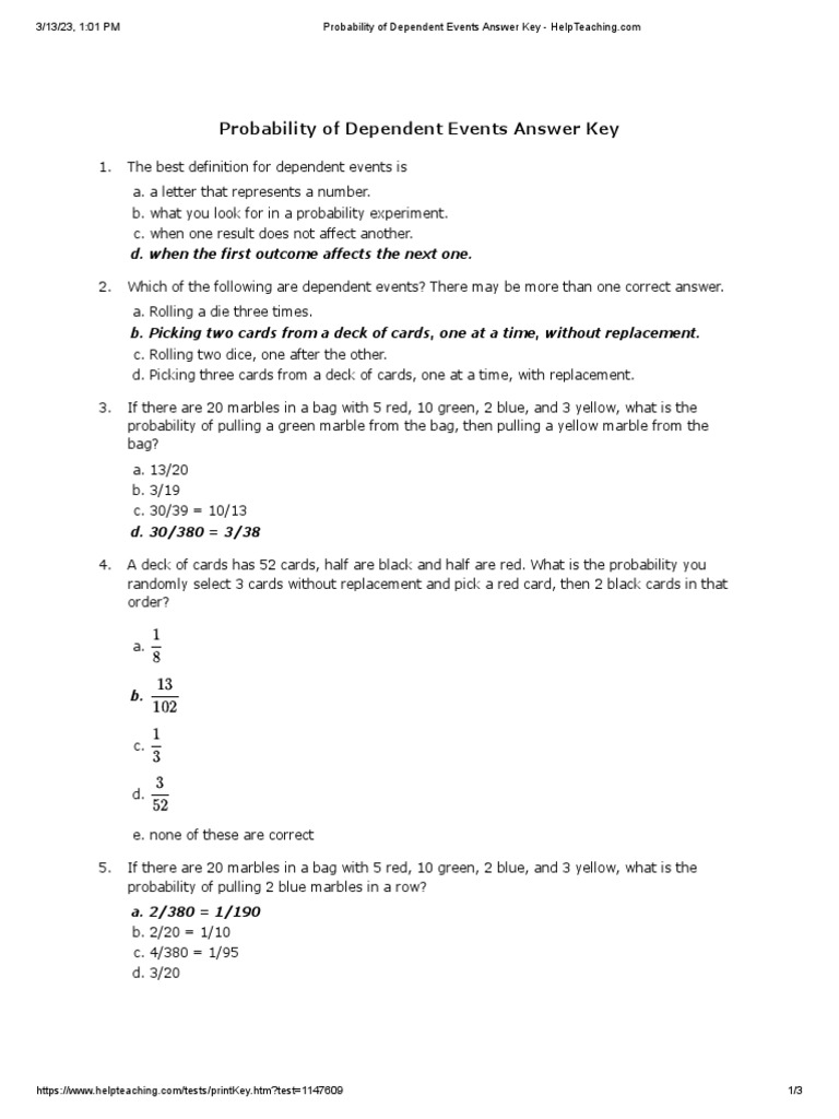 unit probability homework 6 dependent events answer key