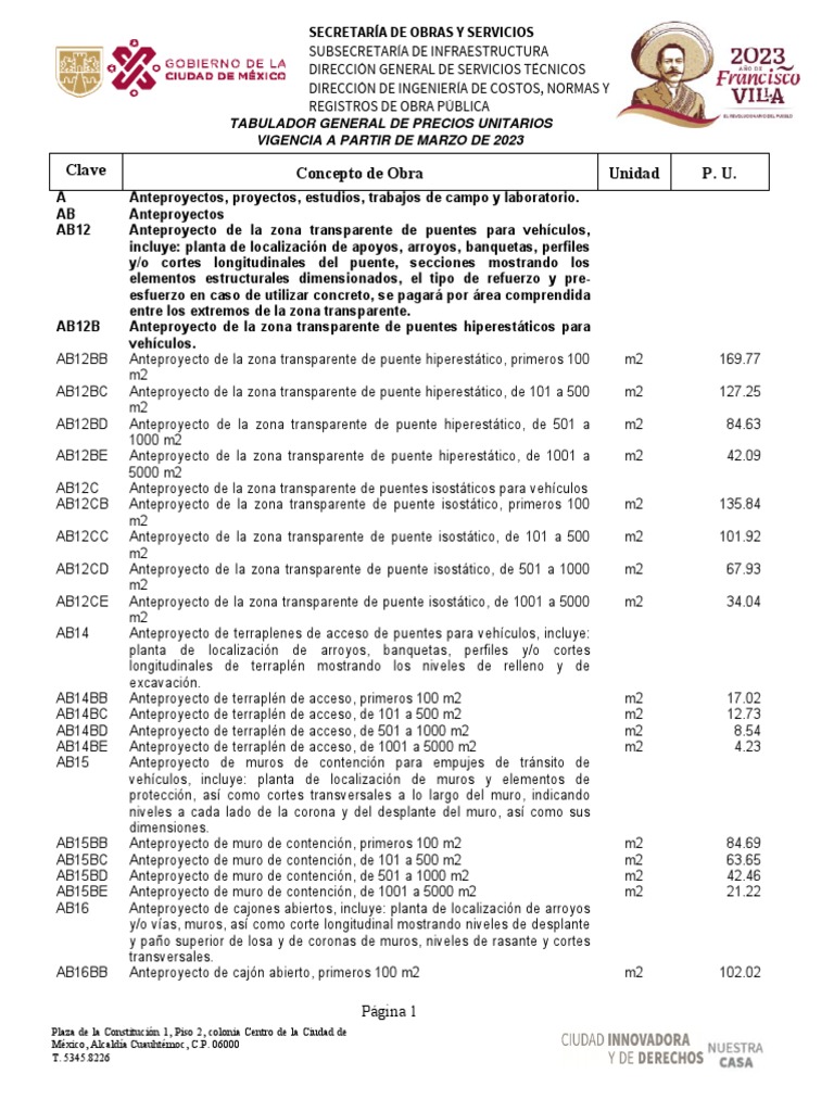 Tabulador General de Precios Unitarios Edicion 2023 PDF PDF