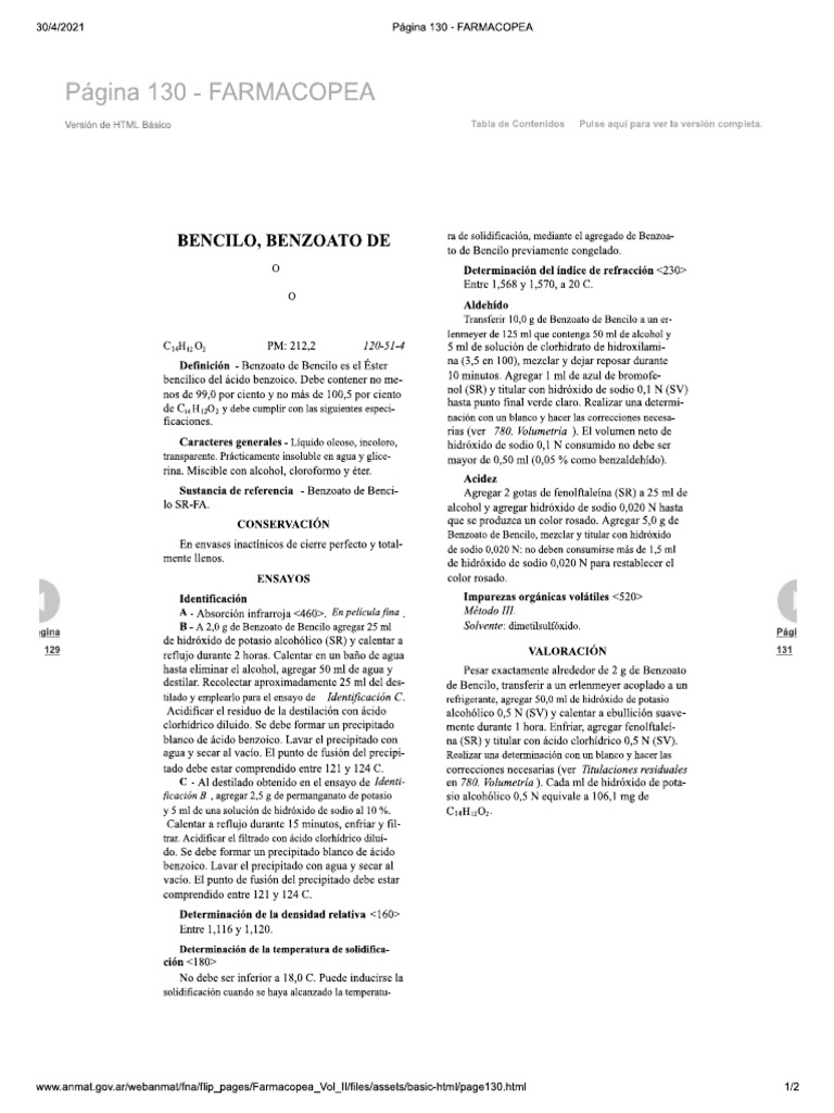Análisis de Bencil Benzoato - Farmacopea | PDF