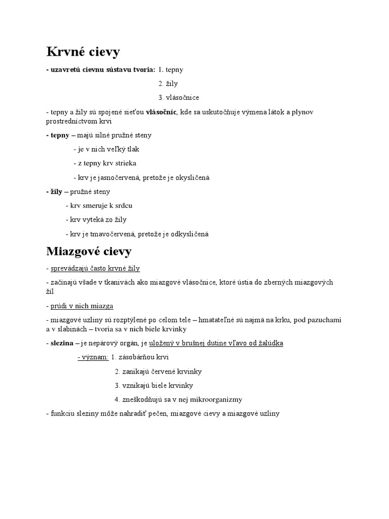 Krvné Cievy - Poznámky PDF | PDF