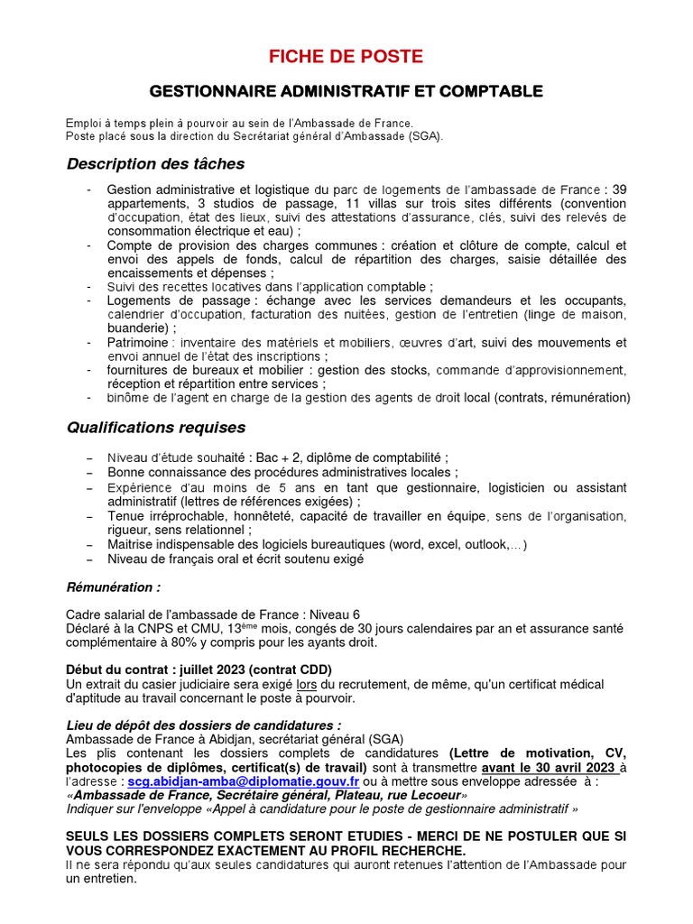 Fiche de Poste : Gestionnaire Administratif | PDF | Business
