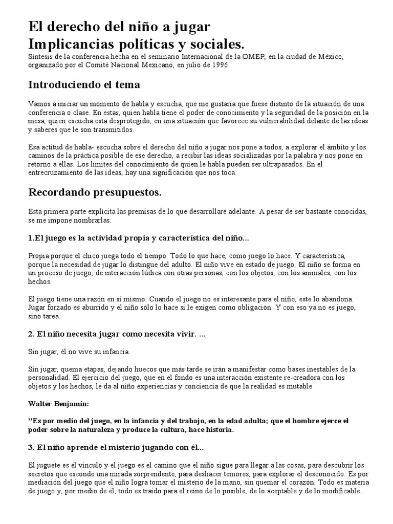 El Derecho Del Niño A Jugar | PDF | Infancia | Educación de la primera ...