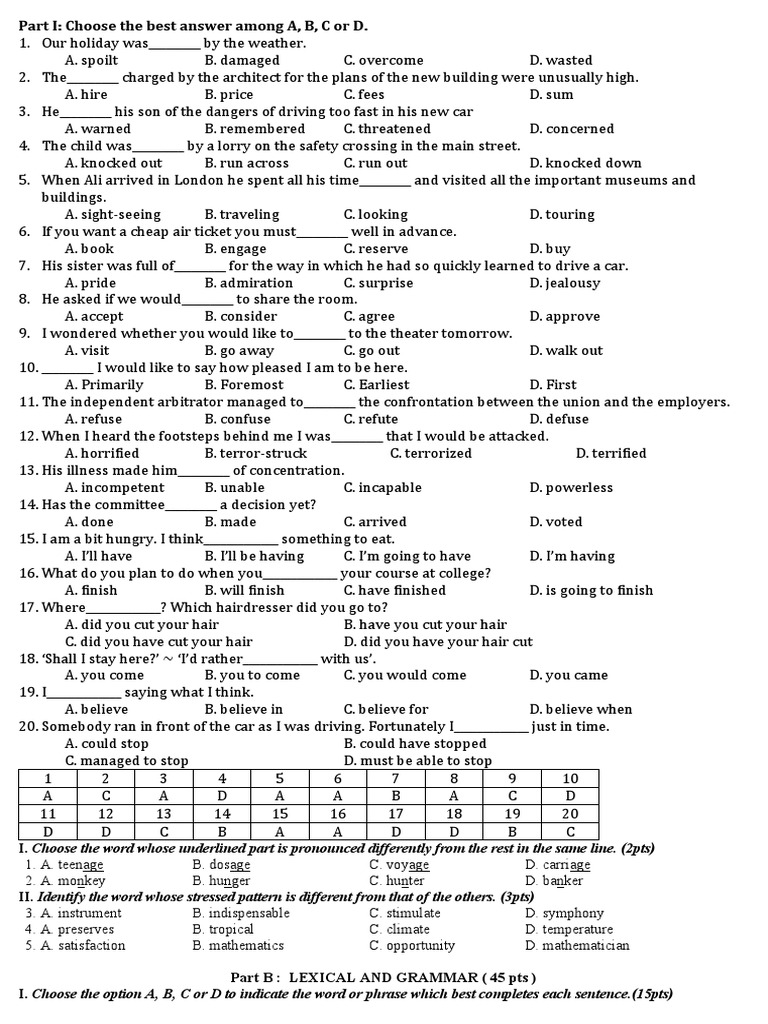 Vocabulary and Grammar Practice Test | PDF