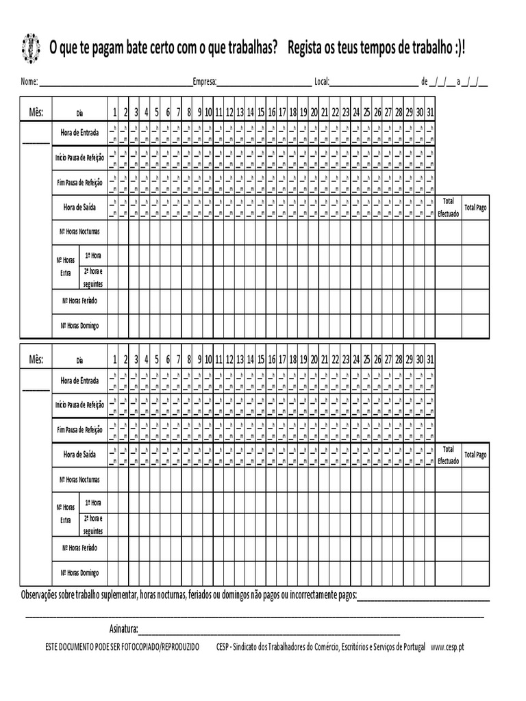 Registo de Horas de Trabalho Mensal | PDF