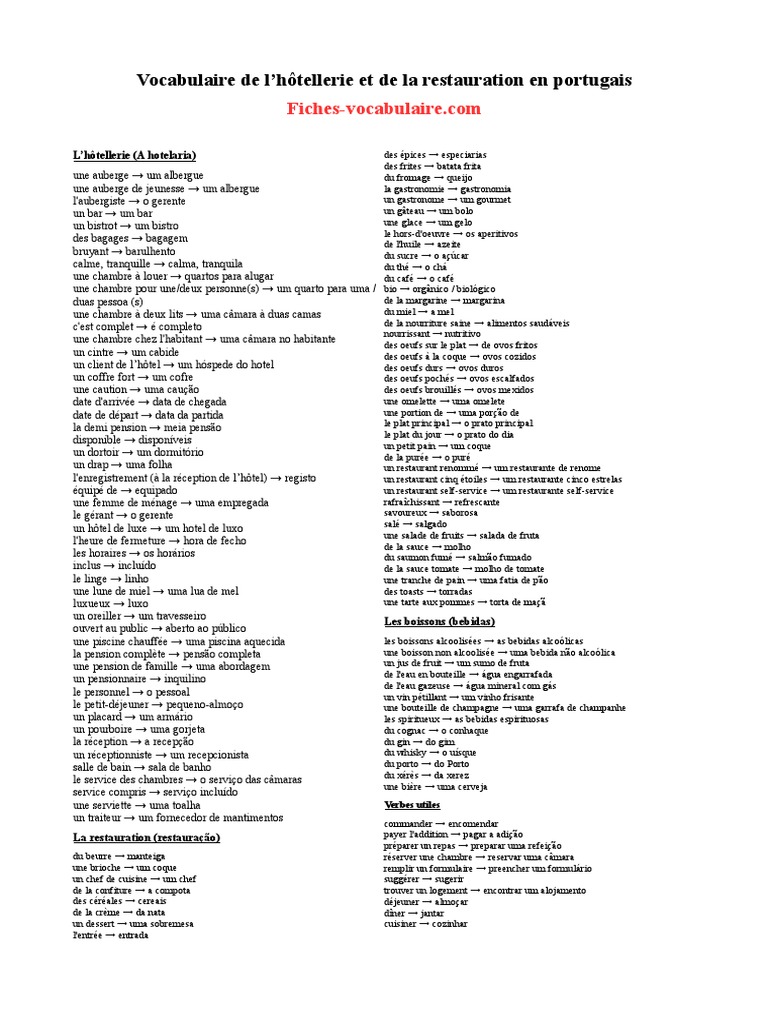 Vocabulaire Hotellerie Restauration en Portugais | PDF | Alimentos ...