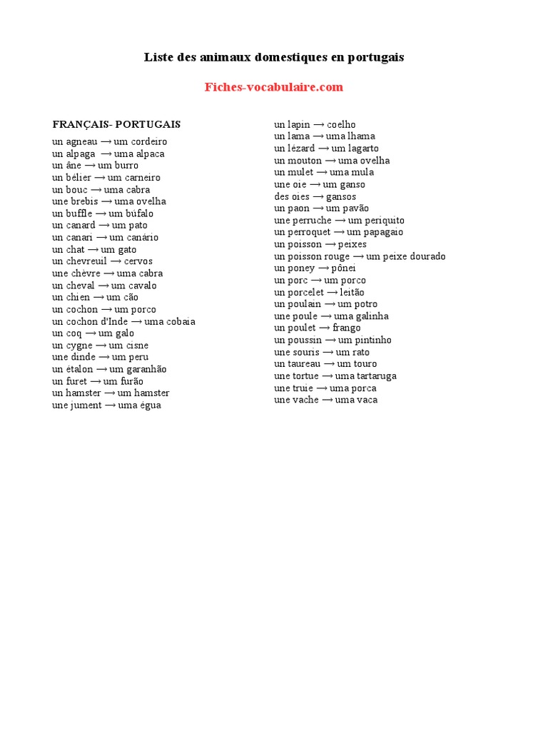 Liste Des Animaux Domestiques en Portugais PDF PDF