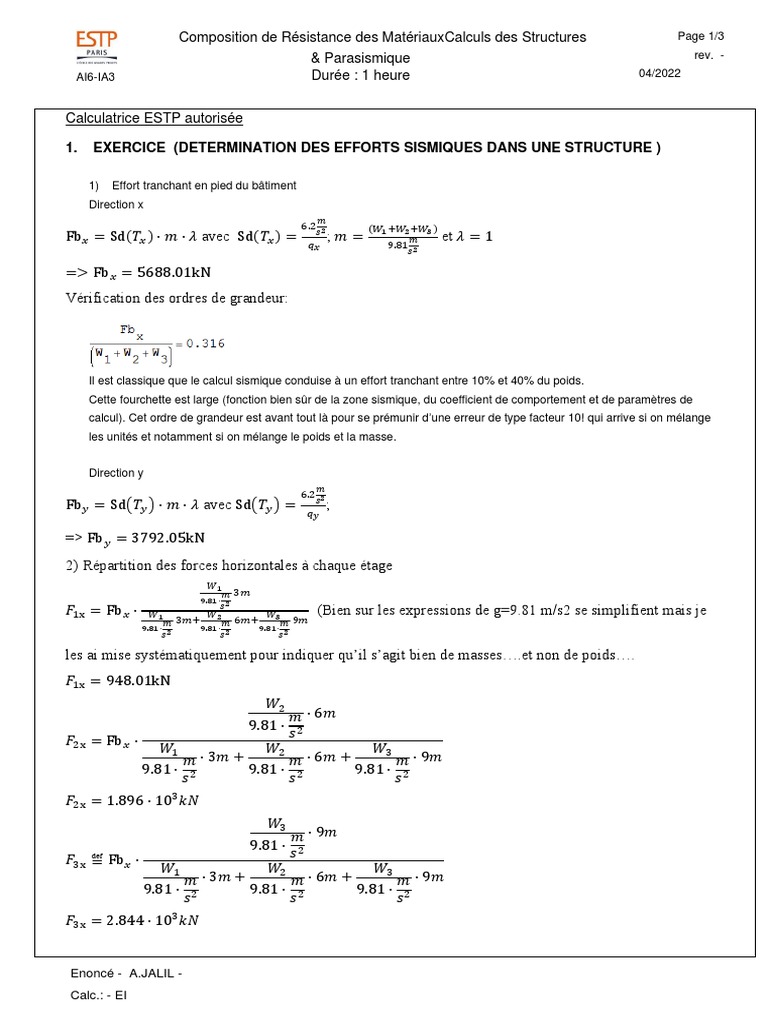 Corrige Compo Enonce 2022-04 IA3-AI6 Mecanique Structures Séisme A ...