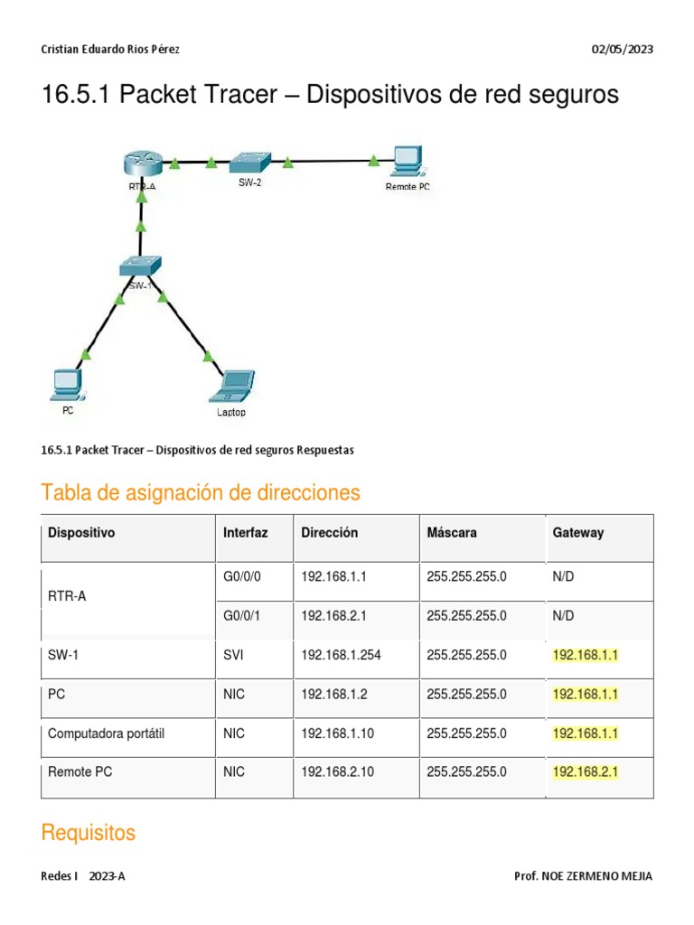 16 5 1 packet tracer secure network devices es xl pdf