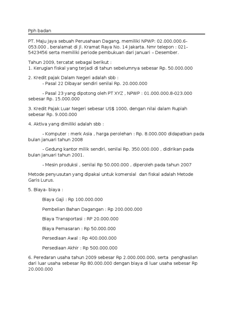 Contoh Soal PPh Badan