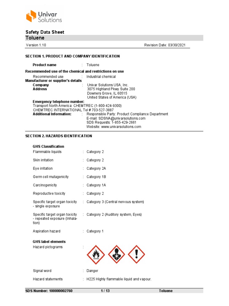 Safety Data Sheet for Toluene A Comprehensive Guide to the Hazards