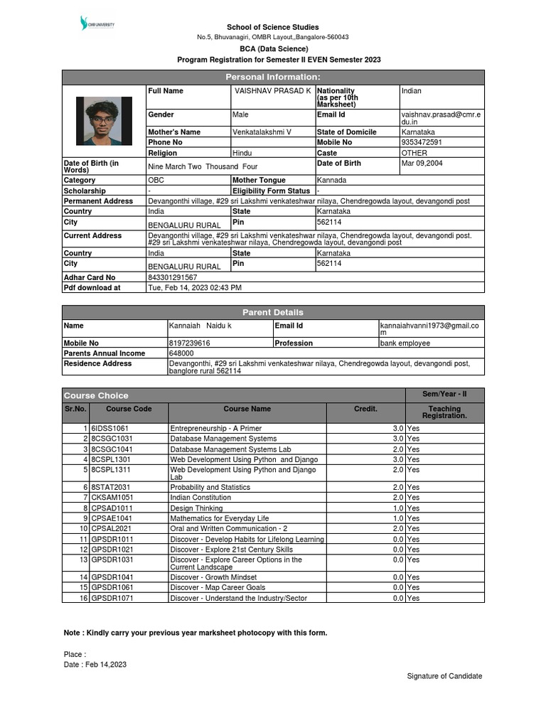 BCA Data Science Semester II Registration | PDF
