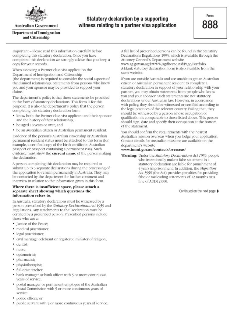 Form 888: Partner Visa Declaration | PDF | Travel Visa | Government And ...