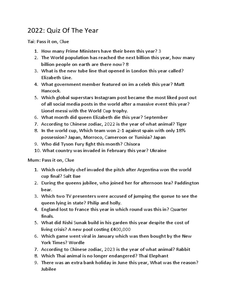 2022 Quiz of The Year PDF