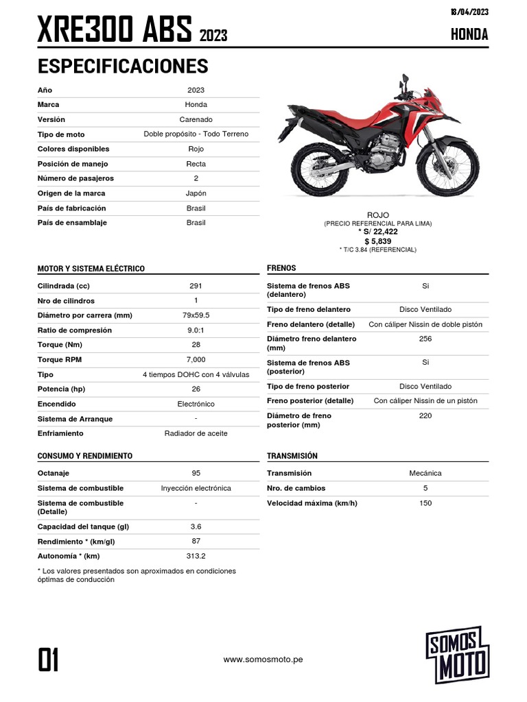 Ficha Técnica Honda XRE 300 2023 | PDF