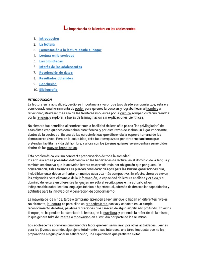 Importancia de la lectura en adolescentes | PDF