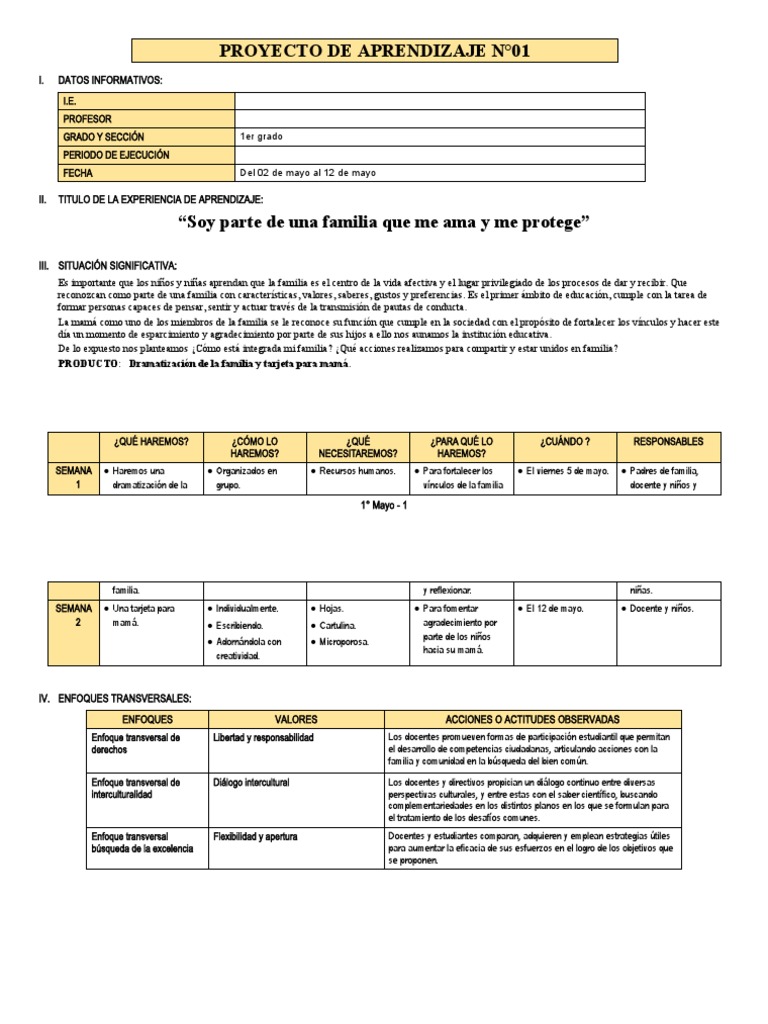 1° Grado - Proyecto de Aprendizaje N°01 | PDF