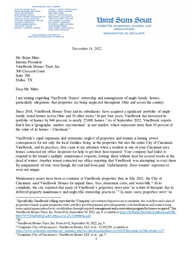 U S Banking Committee Letter To VineBrook Homes PDF