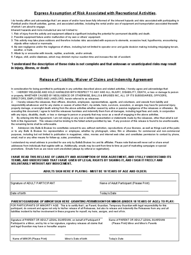 Balls & Bruises Waiver of Liablility Download PDF