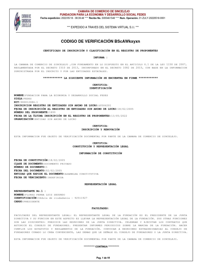 Certificado RUP de FEDES 2022 | PDF | Finanzas y dinero