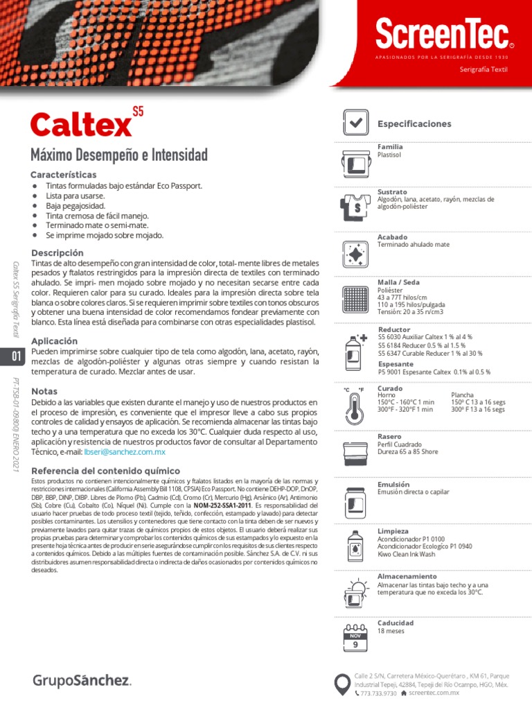 Tinta Caltex S5 para Serigrafía Textil | PDF