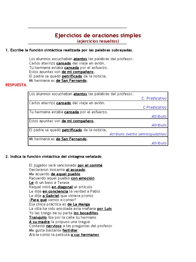 Ejercicios de Oraciones Simples 17 de Nov 2016 | PDF