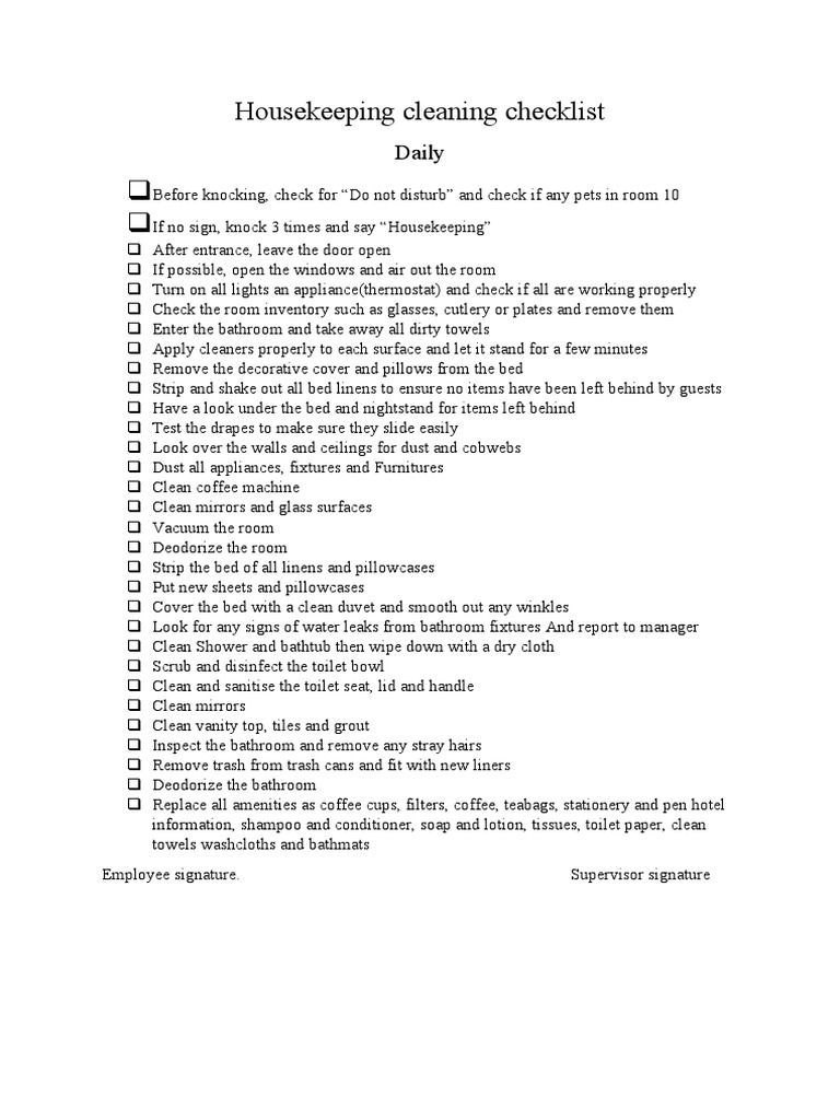 Hotel Housekeeping Daily Checklist | PDF