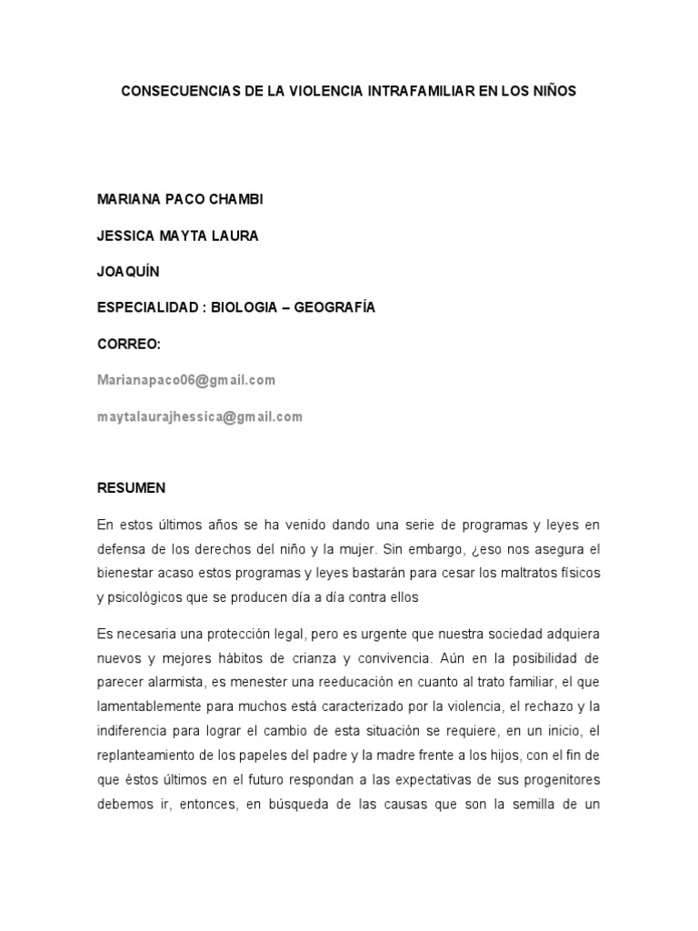 Impacto de la Violencia Intrafamiliar en Niños | PDF | Violencia ...