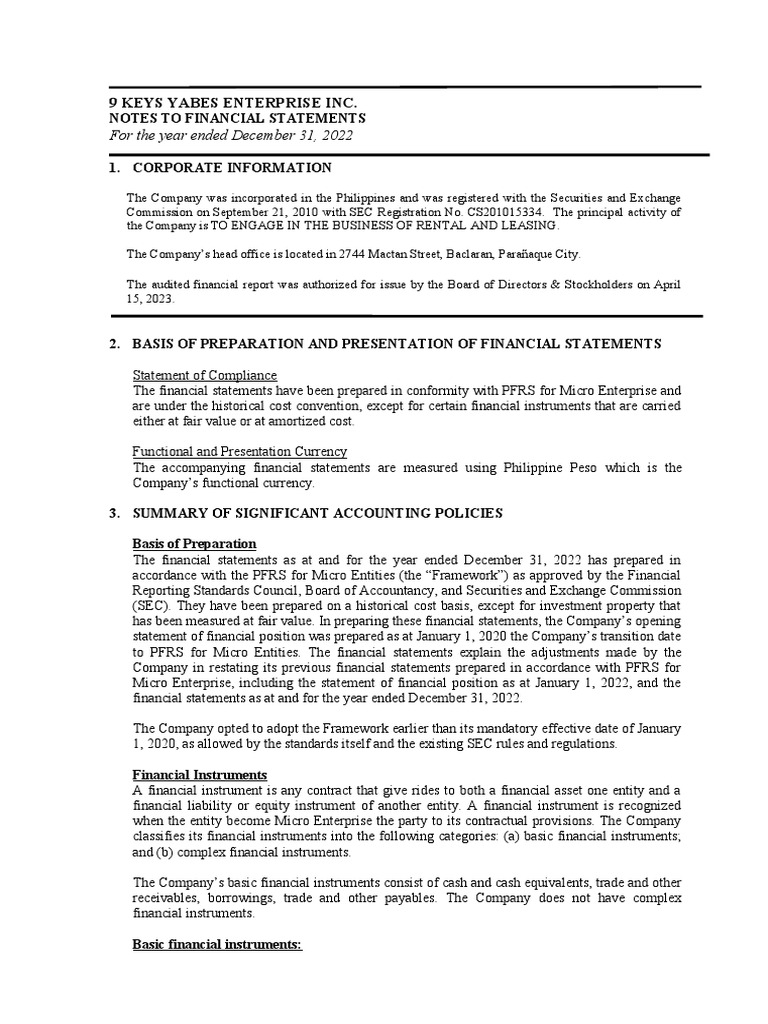 Notes To The Financial Statements Sample PDF Depreciation Taxes