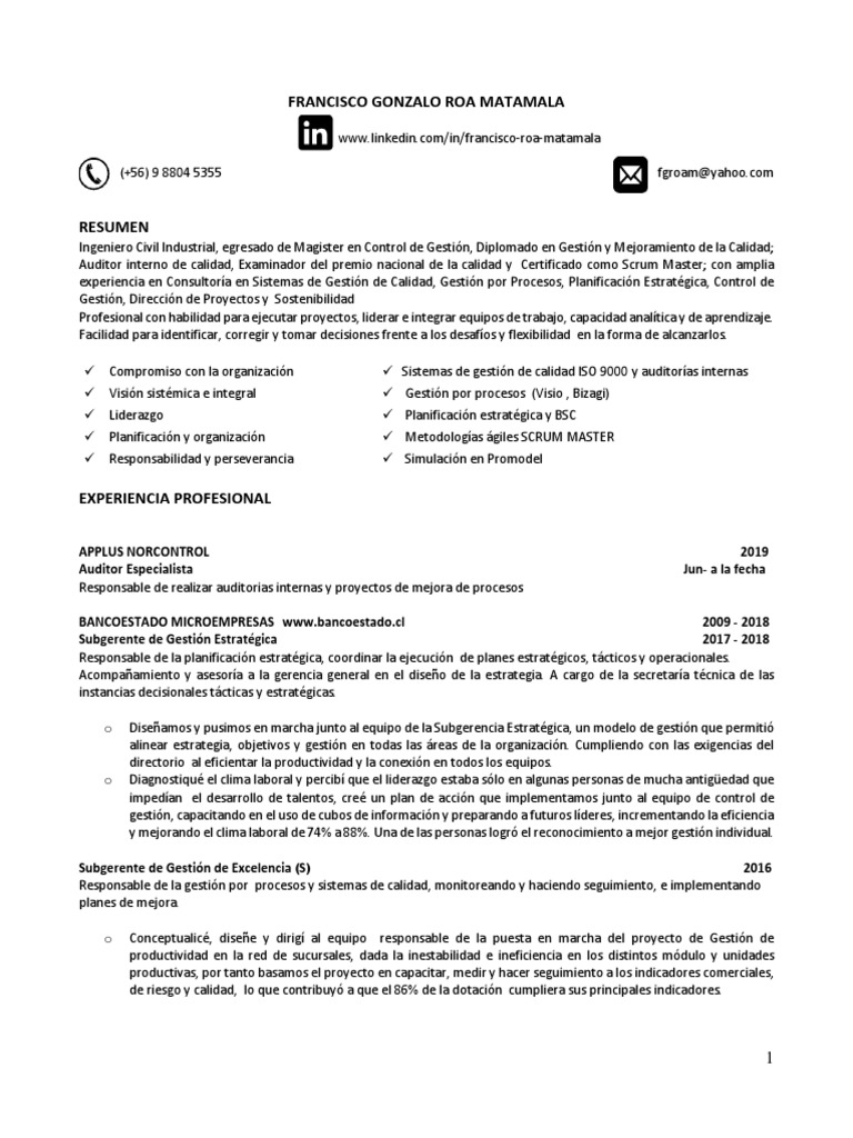 CV Francisco+Roa+Matamala Agosto 2019 | PDF | Planificación | Sistema ...