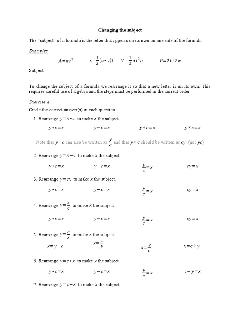 Algebra: Changing the Subject | PDF