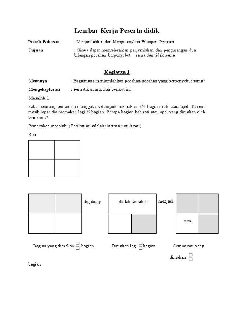 Lkpd Penjumlahan Dan Pengurangan Pecahan Pdf