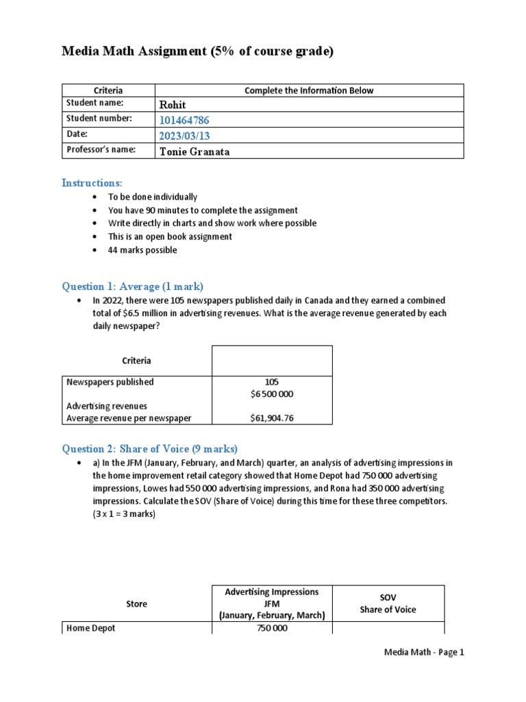 Media Math Assignment Overview | PDF | Promotion And Marketing ...