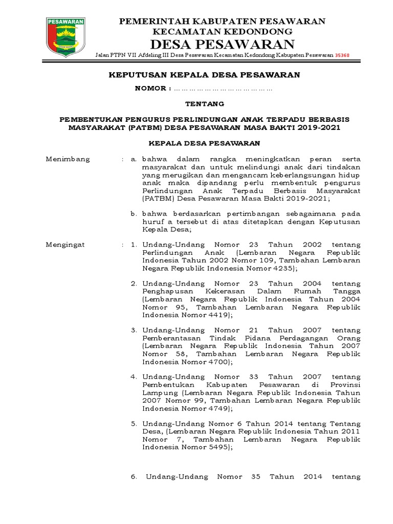 Pembentukan PATBM Desa Pesawaran 2019-2021 | PDF