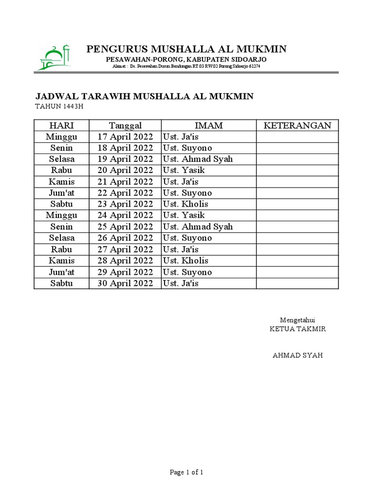 Jadwal Tarawih | PDF