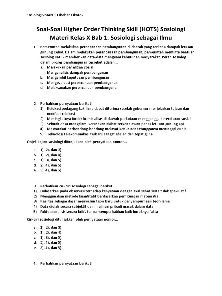 Soal-Soal Higher Order Thinking Skill (HOTS) Sosiologi Materi Kelas X ...
