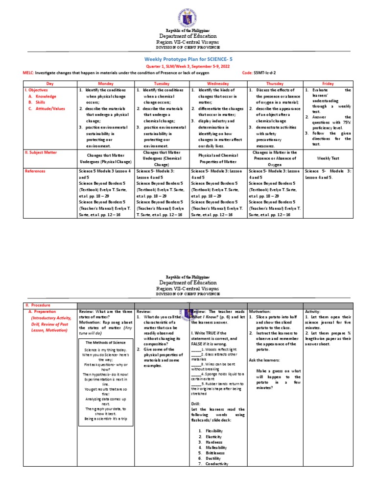 Science 5 Weekly Prototype Plan | PDF | Ductility | Learning