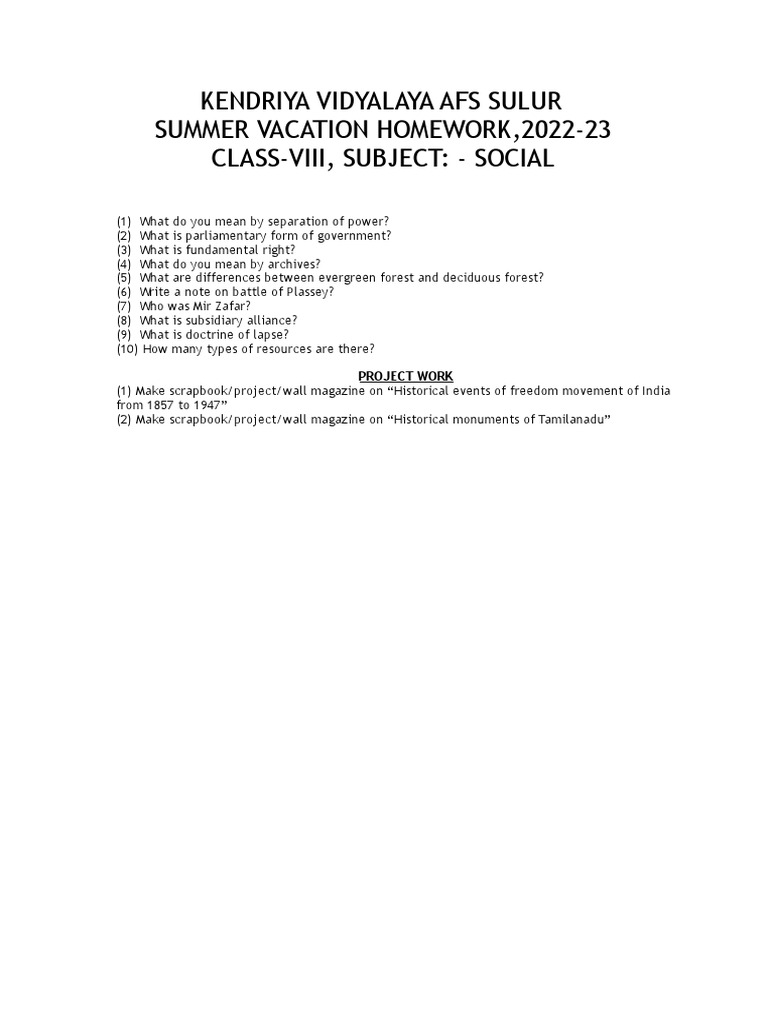 Summer Vacation Homework Class Viii Pdf Pdf