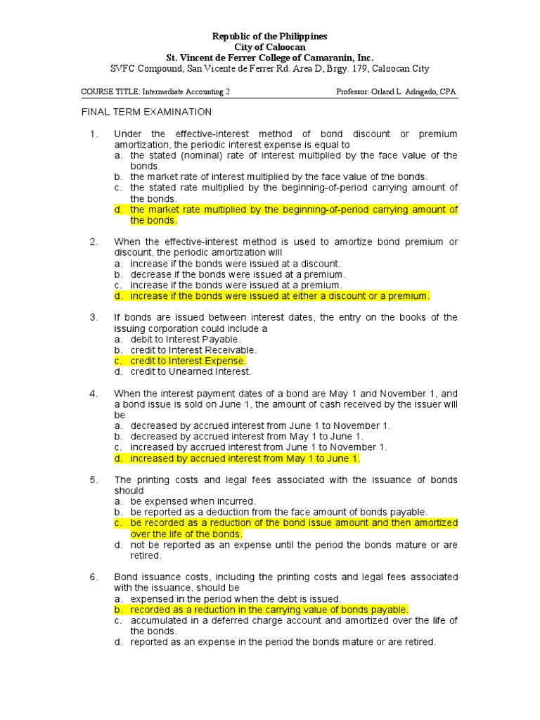 Final Term Examination Intermediate Accounting Pdf