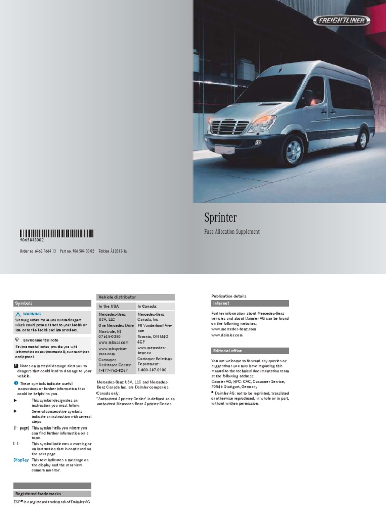 Freightliner Sprinter Cargo Van Fuse Allocation Supplement Owner's