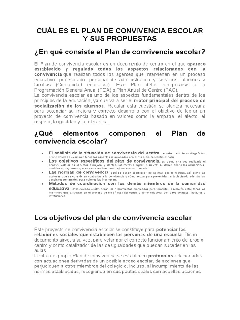 Plan de Convivencia Escolar y Sus Propuestas | PDF | Sicología | Abuso ...